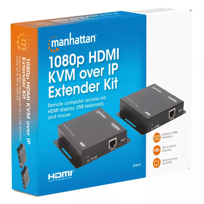 Manhattan 1080p HDMI KVM over IP Extender Kit, extiende señal 1080p@60Hz hasta 120 m con un solo cable Ethernet Cat6 o una red con IP, transmisor y receptor, conectores USB-A para PC/ratón/teclado, negro, tres años de garantía