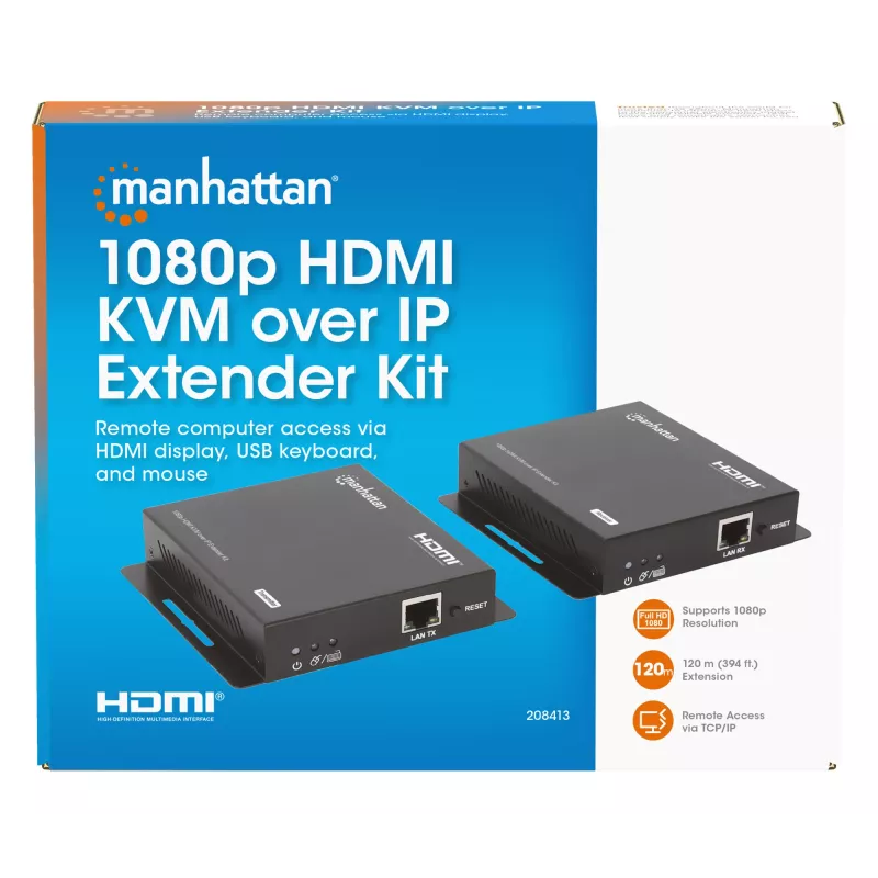 Manhattan 1080p HDMI KVM over IP Extender Kit, extiende señal 1080p@60Hz hasta 120 m con un solo cable Ethernet Cat6 o una red con IP, transmisor y receptor, conectores USB-A para PC/ratón/teclado, negro, tres años de garantía