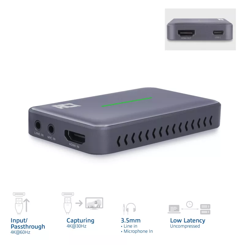 ACT tarjeta de captura de vídeo USB-C, paso HDMI 4K@60Hz, grabación 4K@30Hz