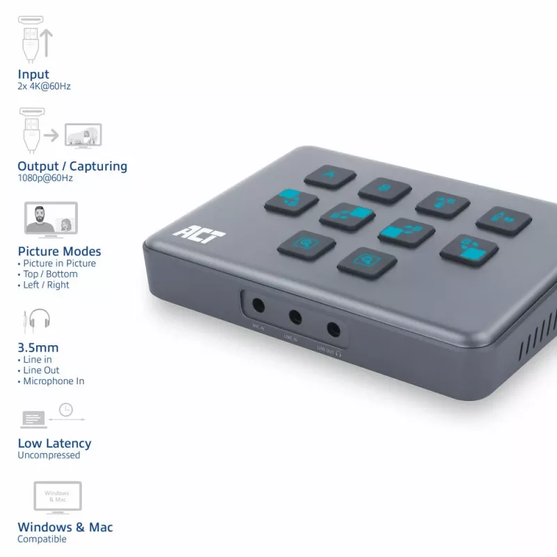 ACT conmutador de vídeo USB-C con doble entrada HDMI 60Hz gris
