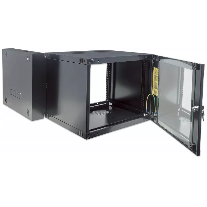 Armario de red Intellinet de 19 pulgadas – montaje en pared (mecanismo pivotante abatible de dos piezas), 15HE, 600 mm de profundidad, negro, Flatpack, máx. 30 kg, pivotante para acceder a la parte trasera del armario con montaje en pared, rack, profundidad útil 385 mm, piezas para montaje en pared no incluidas