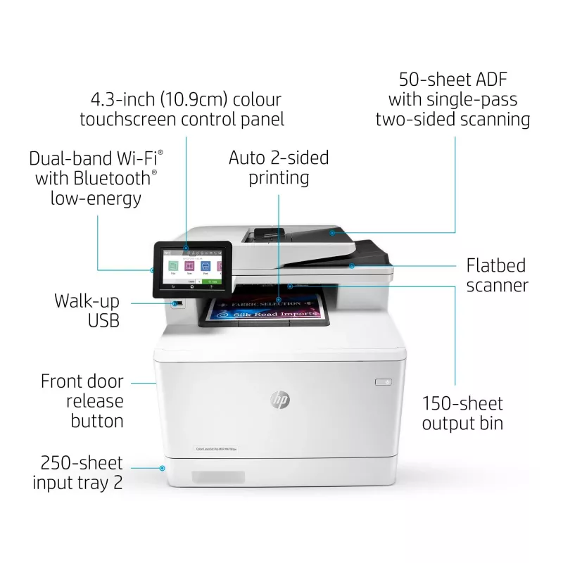 HP Color LaserJet Pro MFP M479fdw, imprimir, copiar, escanear, fax, correo electrónico, escanear a correo electrónico/PDF; impresión dúplex; ADF de 50 hojas sin curvatura