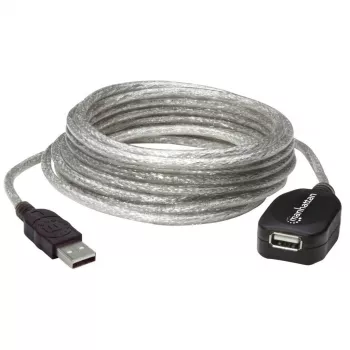 Cable alargador USB-A a USB-A Manhattan, 5 m, macho a hembra, activo, transparente plateado, 480 Mbit/s (USB 2.0), en cascada, repetidor integrado, Hi-Speed USB, tres años de garantía