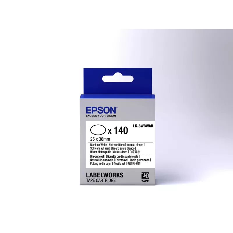 Casete de etiquetas troqueladas ovaladas Epson LK-8WBWAB negro/blanco 25x38mm (140 etiquetas)