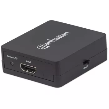 Splitter HDMI Manhattan 2 puertos, 1080p, negro, envía la señal de una fuente HDMI a dos pantallas HD (misma señal en ambas pantallas), alimentación USB-A (cable incluido, 0,7 m), tres años de garantía