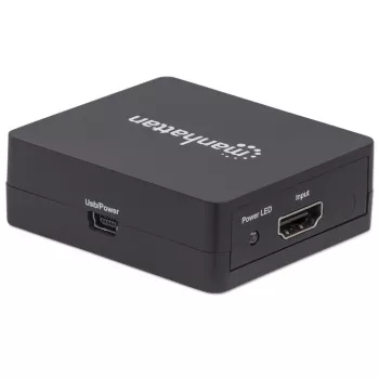 Splitter HDMI Manhattan 2 puertos, 1080p, negro, envía la señal de una fuente HDMI a dos pantallas HD (misma señal en ambas pantallas), alimentación USB-A (cable incluido, 0,7 m), tres años de garantía
