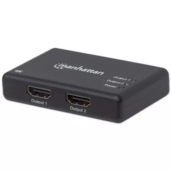 Splitter HDMI Manhattan 2 puertos, 4K@30Hz, envía la salida de una fuente HDMI a dos pantallas HD (misma imagen en ambas), alimentación de red (cable 0,9 m), negro, tres años de garantía