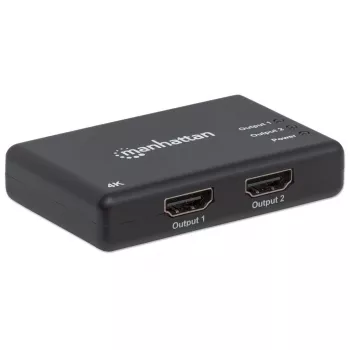 Splitter HDMI Manhattan 2 puertos, 4K@30Hz, envía la salida de una fuente HDMI a dos pantallas HD (misma imagen en ambas), alimentación de red (cable 0,9 m), negro, tres años de garantía