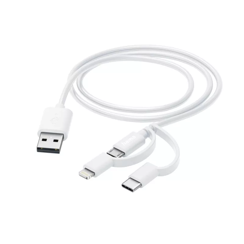 Cable de carga múltiple 3 en 1 Hama, USB-A – Micro-USB, USB-C y Lightning, 1,0 m, blanco
