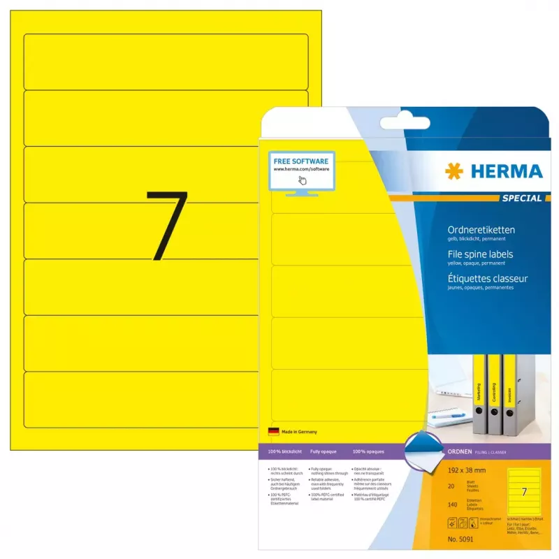 HERMA 5091 Etiquetas para archivadores A4 192 x 38 mm, amarillo, 175 uds. (25 hojas x 7)