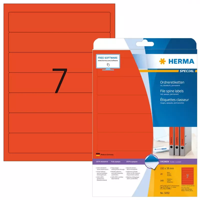HERMA 5092 Etiquetas para archivadores A4 192 x 38 mm, rojo, 175 uds. (25 hojas x 7)