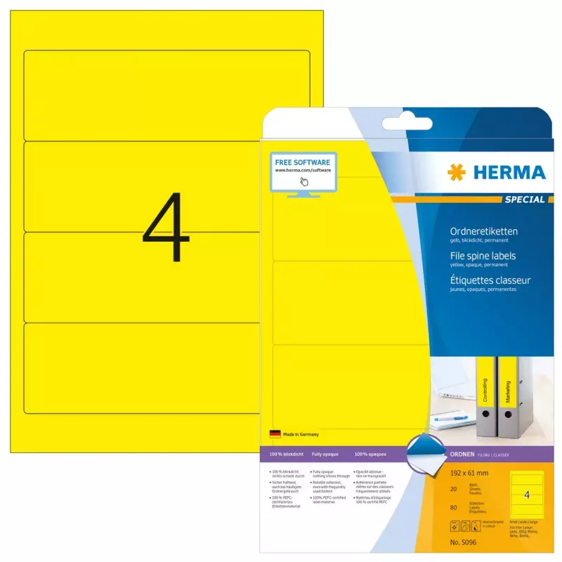 Etiquetas de archivo HERMA A4 192x61 mm amarillo papel mate opaco 80 uds.