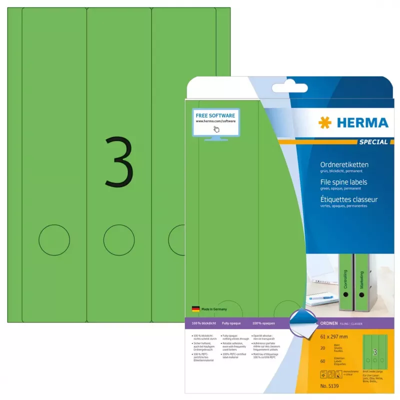 Etiquetas de archivo HERMA A4 61x297 mm verde papel mate opaco 60 uds.