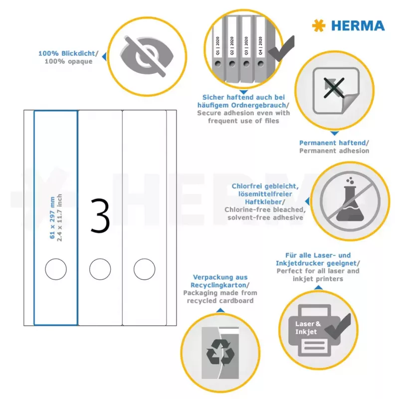 Etiquetas de archivo HERMA A4 61x297 mm blanco papel mate opaco 75 uds.