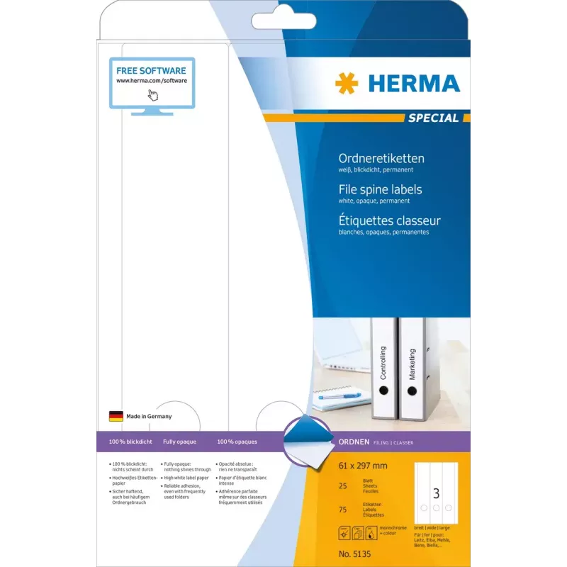 Etiquetas de archivo HERMA A4 61x297 mm blanco papel mate opaco 75 uds.