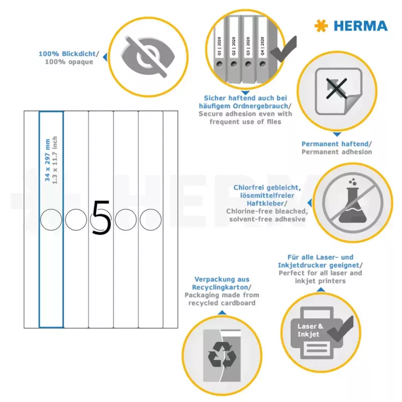 Etiquetas para carpetas de colgar HERMA 5165 A4 34x297 mm papel blanco mate opaco 125 uds.