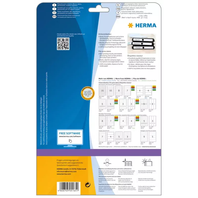 Etiquetas para carpetas de colgar HERMA 5165 A4 34x297 mm papel blanco mate opaco 125 uds.