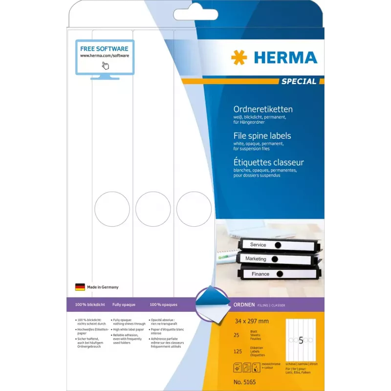 Etiquetas para carpetas de colgar HERMA 5165 A4 34x297 mm papel blanco mate opaco 125 uds.