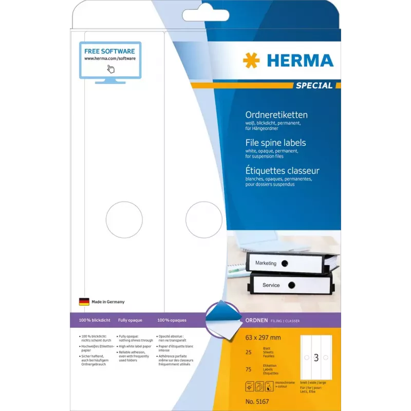 Etiquetas para carpetas de colgar HERMA 5167 A4 63x297 mm papel blanco mate opaco 75 uds.