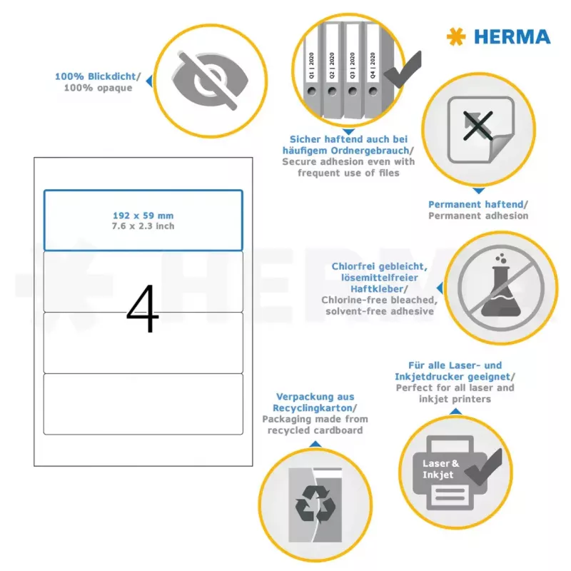 Etiquetas de archivo HERMA A4 192x59 mm blanco papel mate opaco 100 uds.