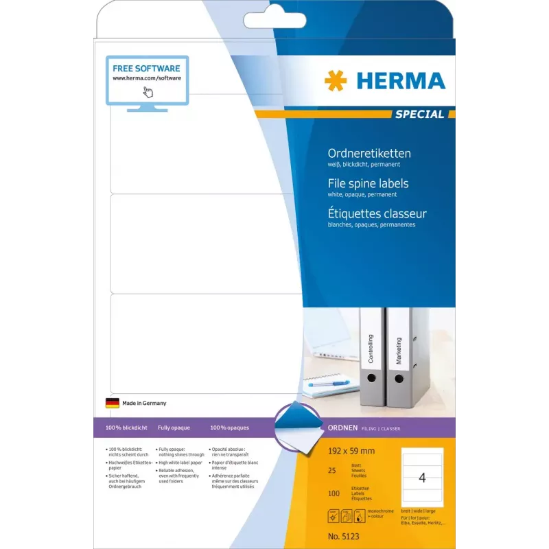 Etiquetas de archivo HERMA A4 192x59 mm blanco papel mate opaco 100 uds.