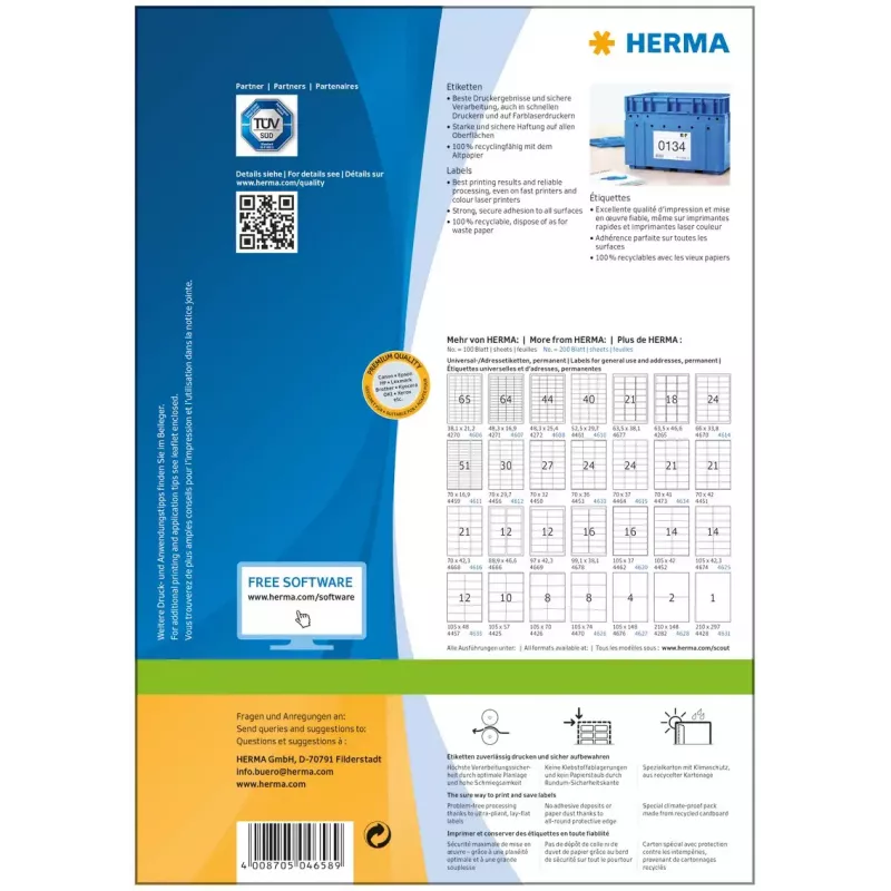 Etiquetas HERMA Premium A4 105x297 mm blanco papel mate 200 uds.