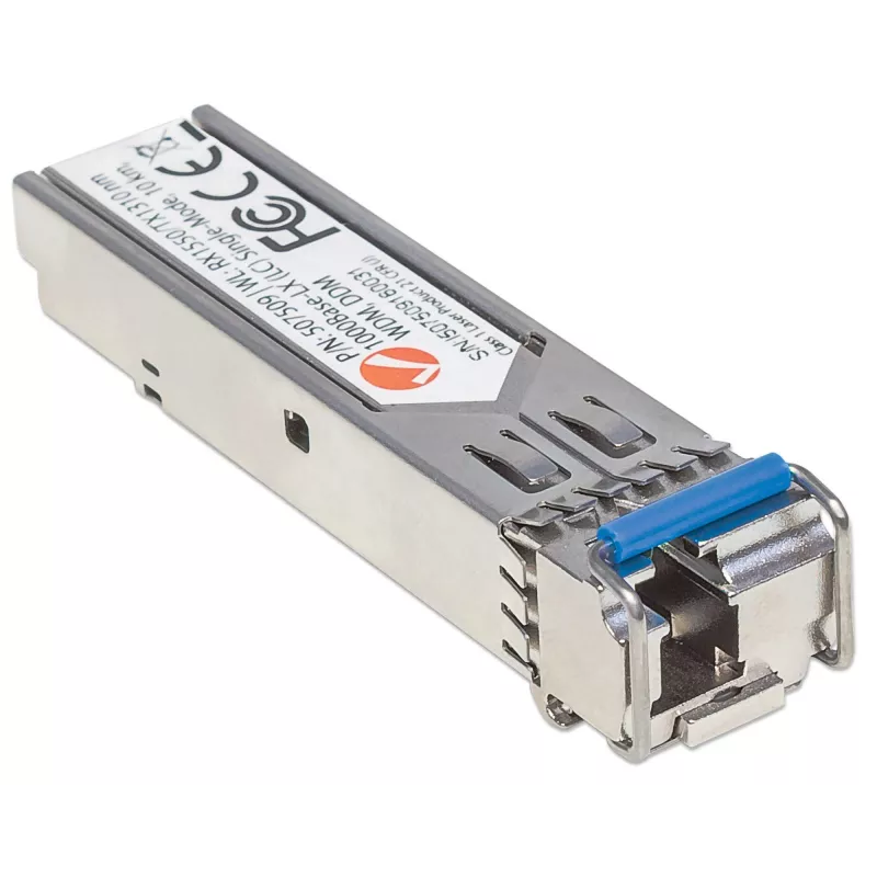 Módulo transceptor Intellinet óptico, fibra Gigabit WDM bidireccional SFP, puerto monomodo 1000Base-Lx (LC), 10 km, longitudes de onda: recepción (RX) 1550 nm y transmisión (TX) 1310 nm, WDM (Rx1550/Tx1310), conforme a MSA, equivalente a Cisco GLC-BX-U, Ethernet, fibra óptica