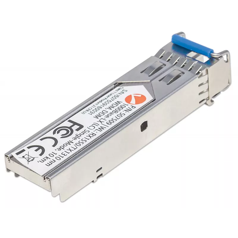 Módulo transceptor Intellinet óptico, fibra Gigabit WDM bidireccional SFP, puerto monomodo 1000Base-Lx (LC), 10 km, longitudes de onda: recepción (RX) 1550 nm y transmisión (TX) 1310 nm, WDM (Rx1550/Tx1310), conforme a MSA, equivalente a Cisco GLC-BX-U, Ethernet, fibra óptica