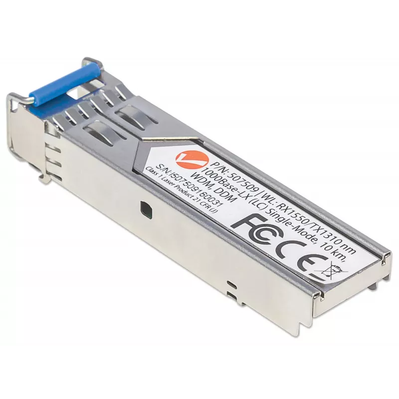 Módulo transceptor Intellinet óptico, fibra Gigabit WDM bidireccional SFP, puerto monomodo 1000Base-Lx (LC), 10 km, longitudes de onda: recepción (RX) 1550 nm y transmisión (TX) 1310 nm, WDM (Rx1550/Tx1310), conforme a MSA, equivalente a Cisco GLC-BX-U, Ethernet, fibra óptica