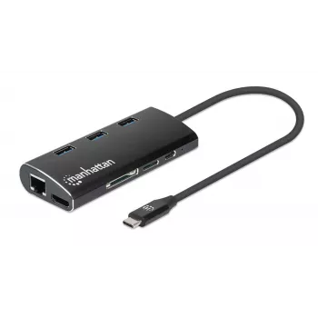 Manhattan Dock/Hub USB-C con lector de tarjetas, conexiones (x6): Ethernet, HDMI, USB-A (x3) y USB-C, con Power Delivery (100 W) al conector USB-C (nota: se requiere fuente de alimentación USB-C y cable USB-C adicionales), universal para todos los dispositivos, aluminio, corresponde a DKT30CSDHPD3