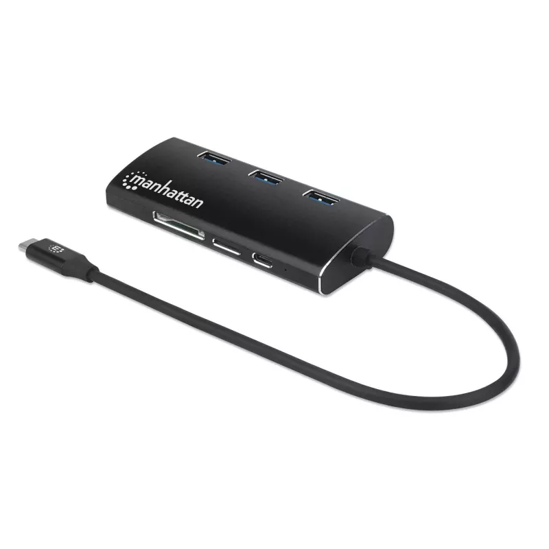 Manhattan Dock/Hub USB-C con lector de tarjetas, conexiones (x6): Ethernet, HDMI, USB-A (x3) y USB-C, con Power Delivery (100 W) al conector USB-C (nota: se requiere fuente de alimentación USB-C y cable USB-C adicionales), universal para todos los dispositivos, aluminio, corresponde a DKT30CSDHPD3