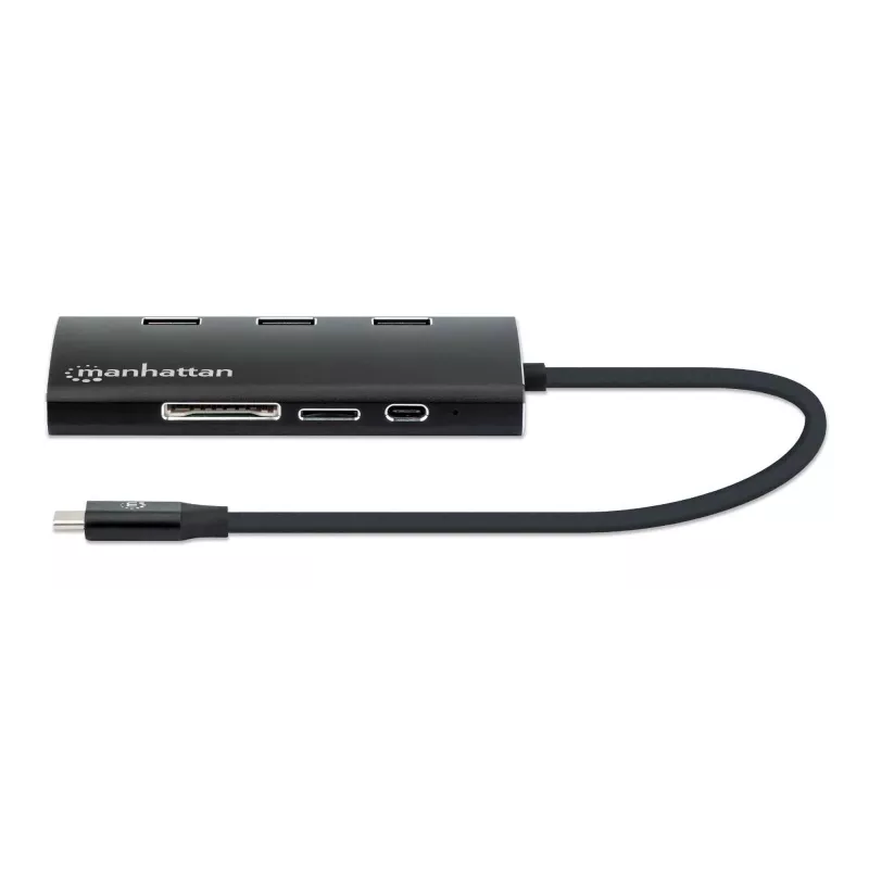 Manhattan Dock/Hub USB-C con lector de tarjetas, conexiones (x6): Ethernet, HDMI, USB-A (x3) y USB-C, con Power Delivery (100 W) al conector USB-C (nota: se requiere fuente de alimentación USB-C y cable USB-C adicionales), universal para todos los dispositivos, aluminio, corresponde a DKT30CSDHPD3