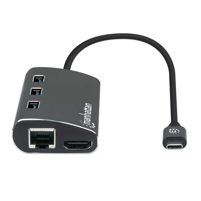 Manhattan Dock/Hub USB-C con lector de tarjetas, conexiones (x6): Ethernet, HDMI, USB-A (x3) y USB-C, con Power Delivery (100 W) al conector USB-C (nota: se requiere fuente de alimentación USB-C y cable USB-C adicionales), universal para todos los dispositivos, aluminio, corresponde a DKT30CSDHPD3