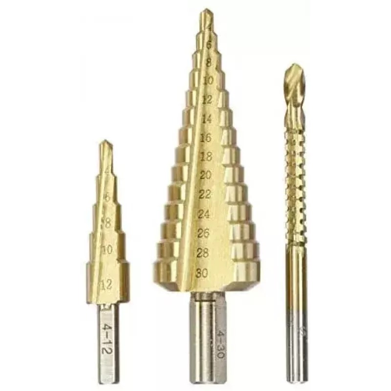 kwb 525890 Juego de brocas escalonadas con broca de fresado, 3 uds., 4-12 mm / 4-30 mm / 6 mm, HSS TiN