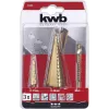 kwb 525890 Juego de brocas escalonadas con broca de fresado, 3 uds., 4-12 mm / 4-30 mm / 6 mm, HSS TiN