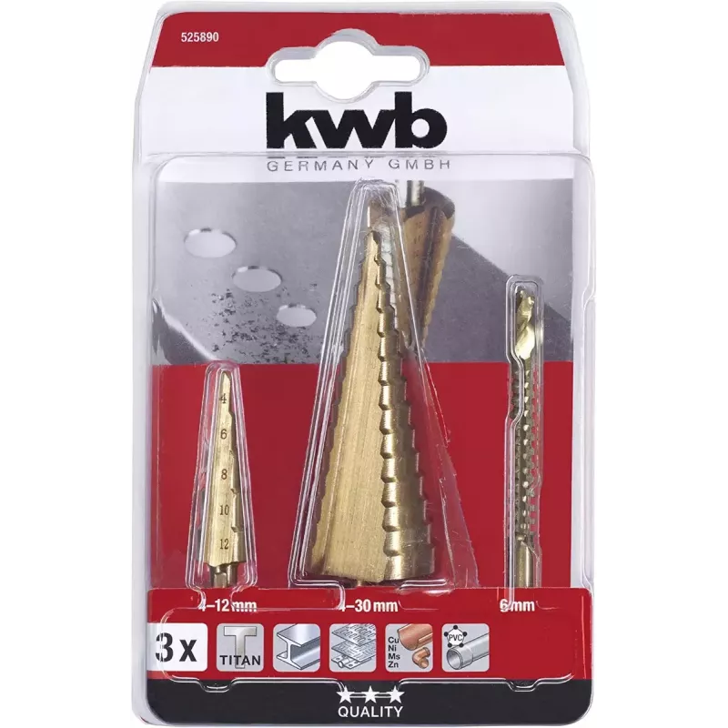 kwb 525890 Juego de brocas escalonadas con broca de fresado, 3 uds., 4-12 mm / 4-30 mm / 6 mm, HSS TiN