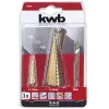 kwb 525890 Juego de brocas escalonadas con broca de fresado, 3 uds., 4-12 mm / 4-30 mm / 6 mm, HSS TiN