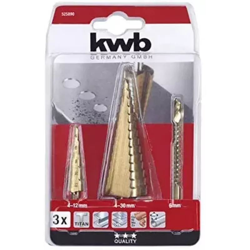 kwb 525890 Juego de brocas escalonadas con broca de fresado, 3 uds., 4-12 mm / 4-30 mm / 6 mm, HSS TiN
