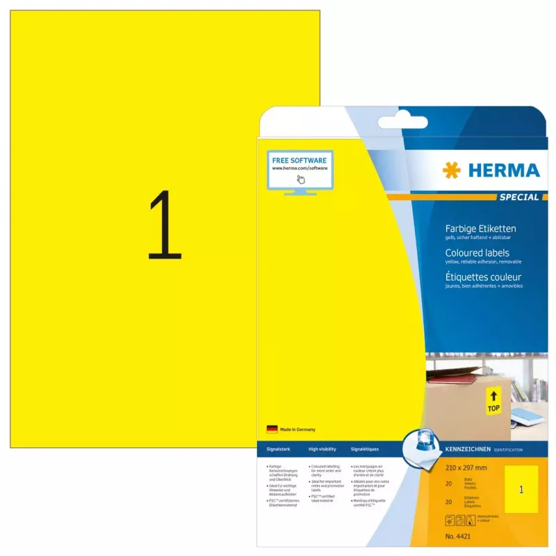 Etiqueta de impresora autoadhesiva HERMA Coloured Labels A4 210x297 mm amarillo papel mate 20 uds.