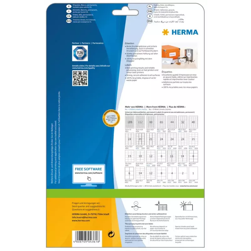 Etiqueta de impresora autoadhesiva HERMA Labels Premium A4 70x42 mm