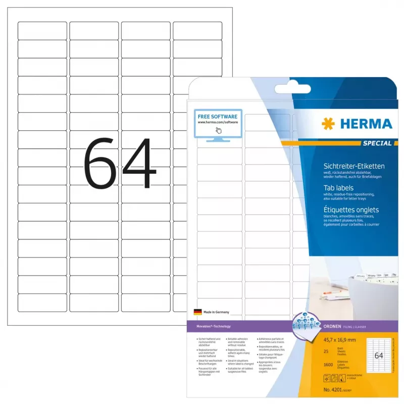Etiquetas de pestañas HERMA A4 45,7x16,9 mm blanco Movables 1600 uds.