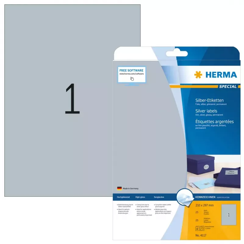 Etiquetas de impresora autoadhesivas HERMA Labels A4 210x297 mm plata film brillante 25 uds.