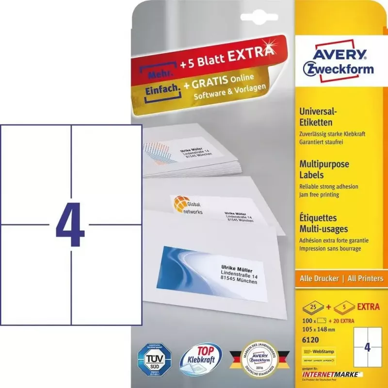 Etiquetas rectangulares autoadhesivas Avery Zweckform 6120 — blanco, adhesivo permanente, 120 uds.