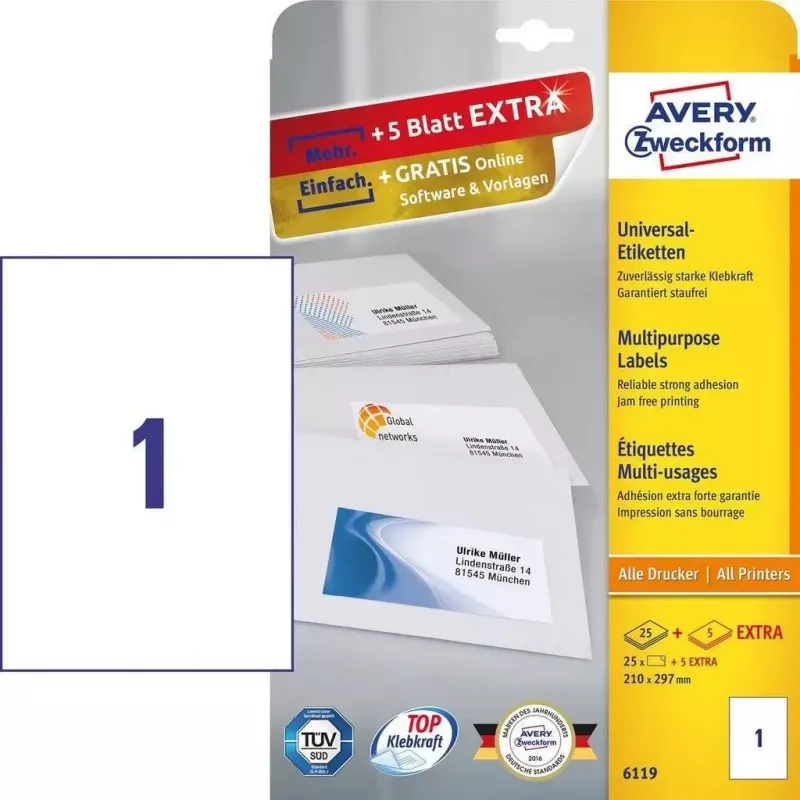 Etiquetas rectangulares autoadhesivas Avery Zweckform 6119, adhesivo permanente, blanco, 30 uds.