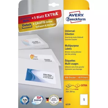 Etiquetas rectangulares autoadhesivas Avery Zweckform 6119, adhesivo permanente, blanco, 30 uds.