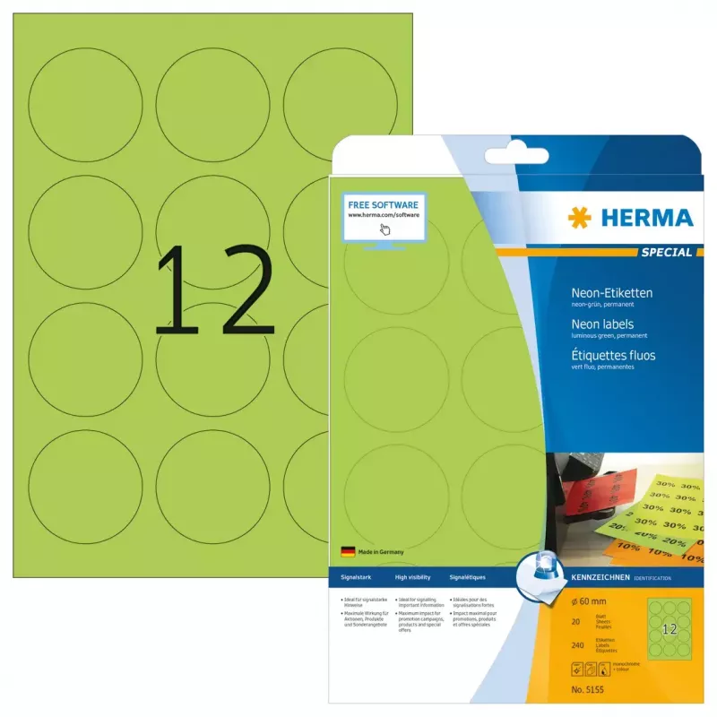 Etiquetas autoadhesivas para impresora HERMA etiquetas neón A4 Ø 60 mm