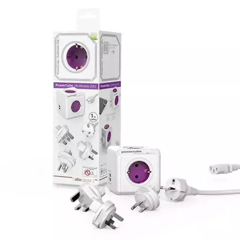 Alargador de corriente Allocacoc PowerCube ReWirable USB 1 m 4 tomas de corriente AC lila blanco