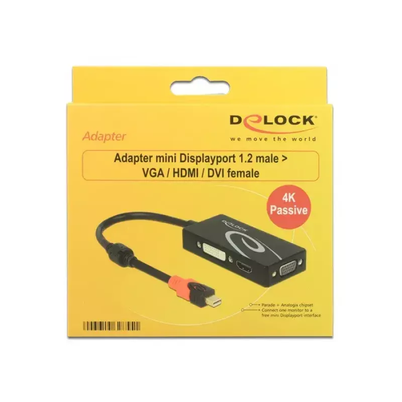 Delock 62855 Adaptador de Mini DisplayPort 1.2 a VGA / HDMI / DVI, 4K, pasivo, negro