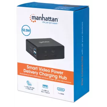 Manhattan Smart Video Multiport Dock, conexiones (x5): conector HDMI, USB-A (x2), USB-C (x2), con Power Delivery al conector USB-C, alimentación interna, ultraligero, cable de alimentación desmontable, negro, tres años de garantía, caja de venta al por menor