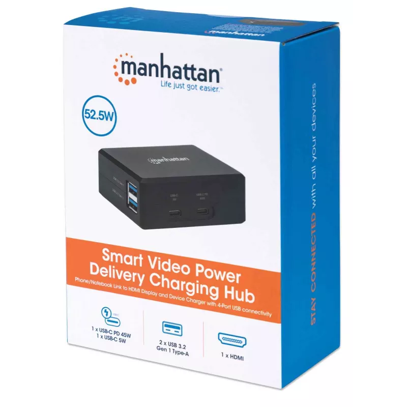 Manhattan Smart Video Multiport Dock, conexiones (x5): conector HDMI, USB-A (x2), USB-C (x2), con Power Delivery al conector USB-C, alimentación interna, ultraligero, cable de alimentación desmontable, negro, tres años de garantía, caja de venta al por menor